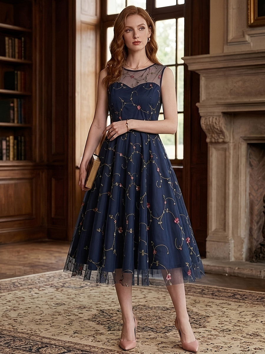 Women's Round Neck Sleeveless Mesh Embroidered Dress for Vacation, Elegant Gatherings, Parties, Floral Wedding Season, Back-to- Season, and Dates - Navy Color