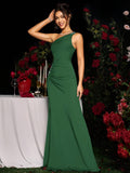 An Elegant Sleeveless Dress with a Slanted Shoulder Neckline, Featuring Side Ruching And a Brick Patchwork Design, Designed for Evening Events, Parties, Balls, Cocktail Gatherings, Weddings, And Business Trips - Dark Green