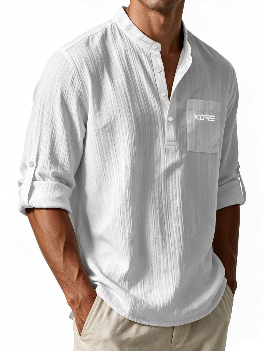 Men's Korean Style KORE Print Button-Up Shirt - Breathable Loose Fit Stand Collar Collar Shirt Suitable for Seasons, Machine Washable Button- Top for Casual & -Casual Wear, Office, Travel - White