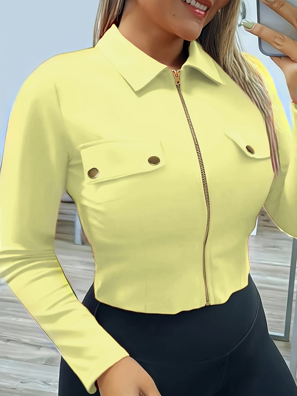 Women's Slim-Fit Lapel Zip Casual Solid Long Sleeve Shirt - Yellow