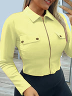 Women's Slim-Fit Lapel Zip Casual Solid Long Sleeve Shirt - Yellow