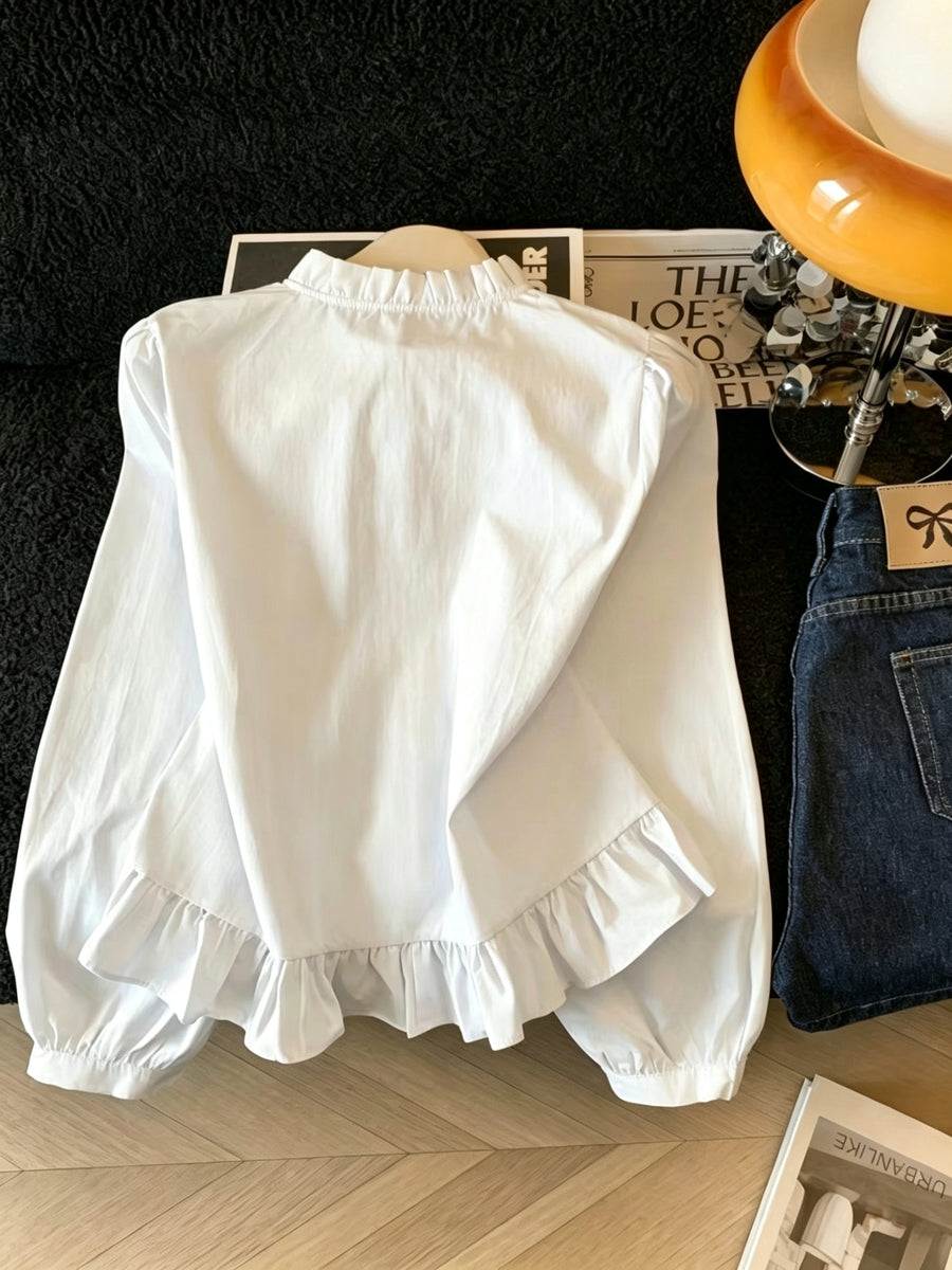 Light Blue Ruffle Tie-Waist Shirt for Women, Spring/Summer Ruffle Textured Blouse, Fresh and Gentle Style Top - White