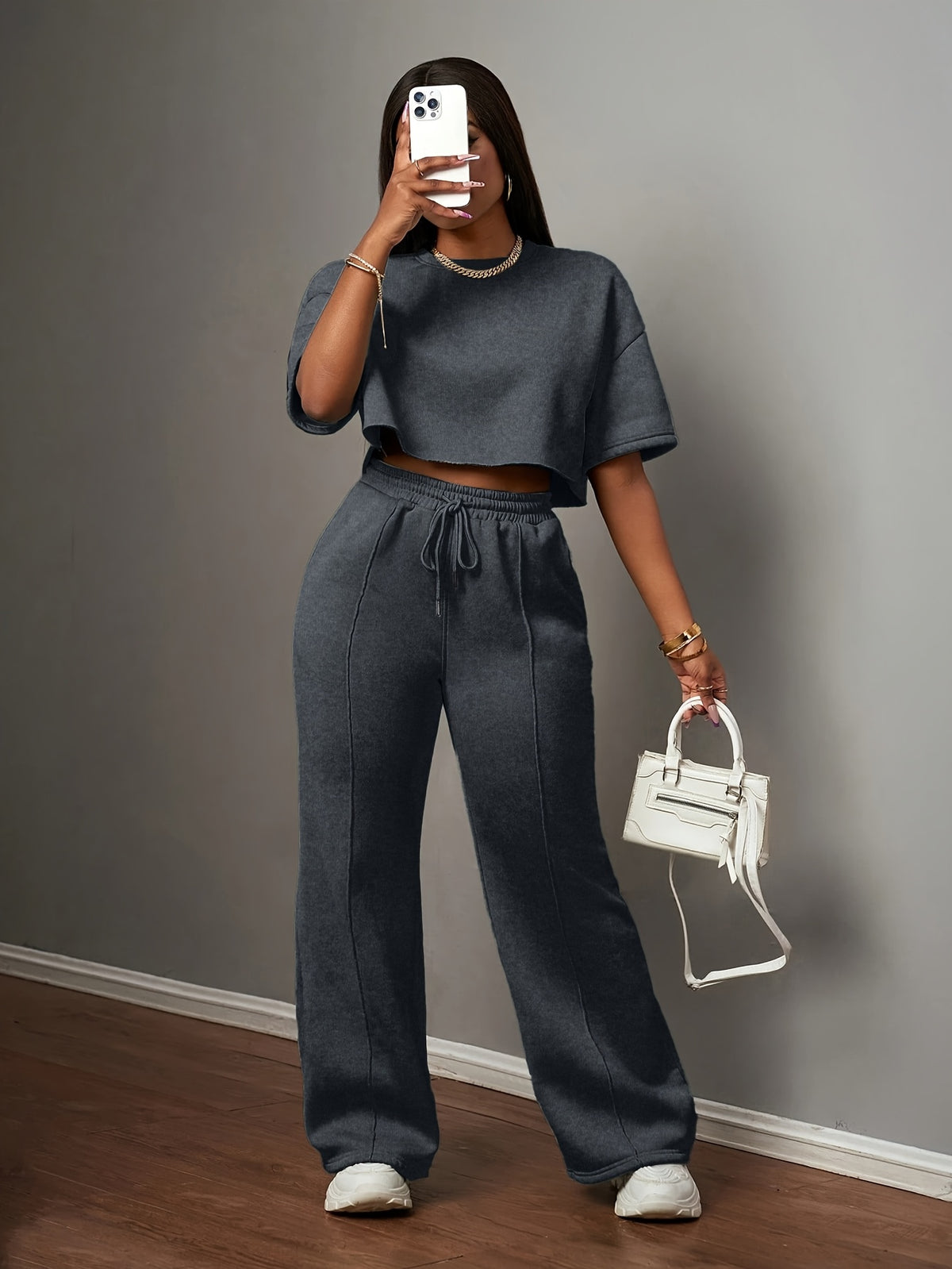 Women's Solid Color Casual Street Style Short Sleeve Crop Top and Drawstring Loose Pants swear Set - Black