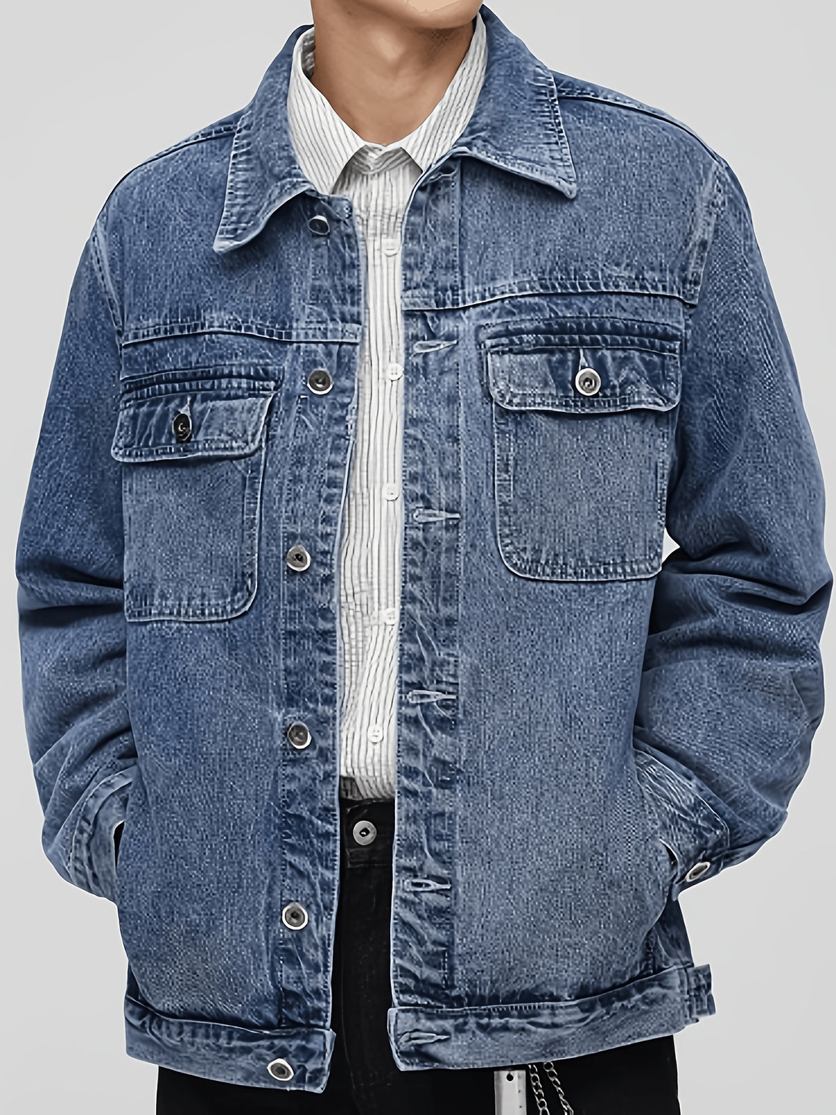 American-style Swagger Cowboy Single-Breasted Jacket, Ins High Street Trend, Casual and Versatile Washed Men's Denim Jacket, Plus Size - Blue