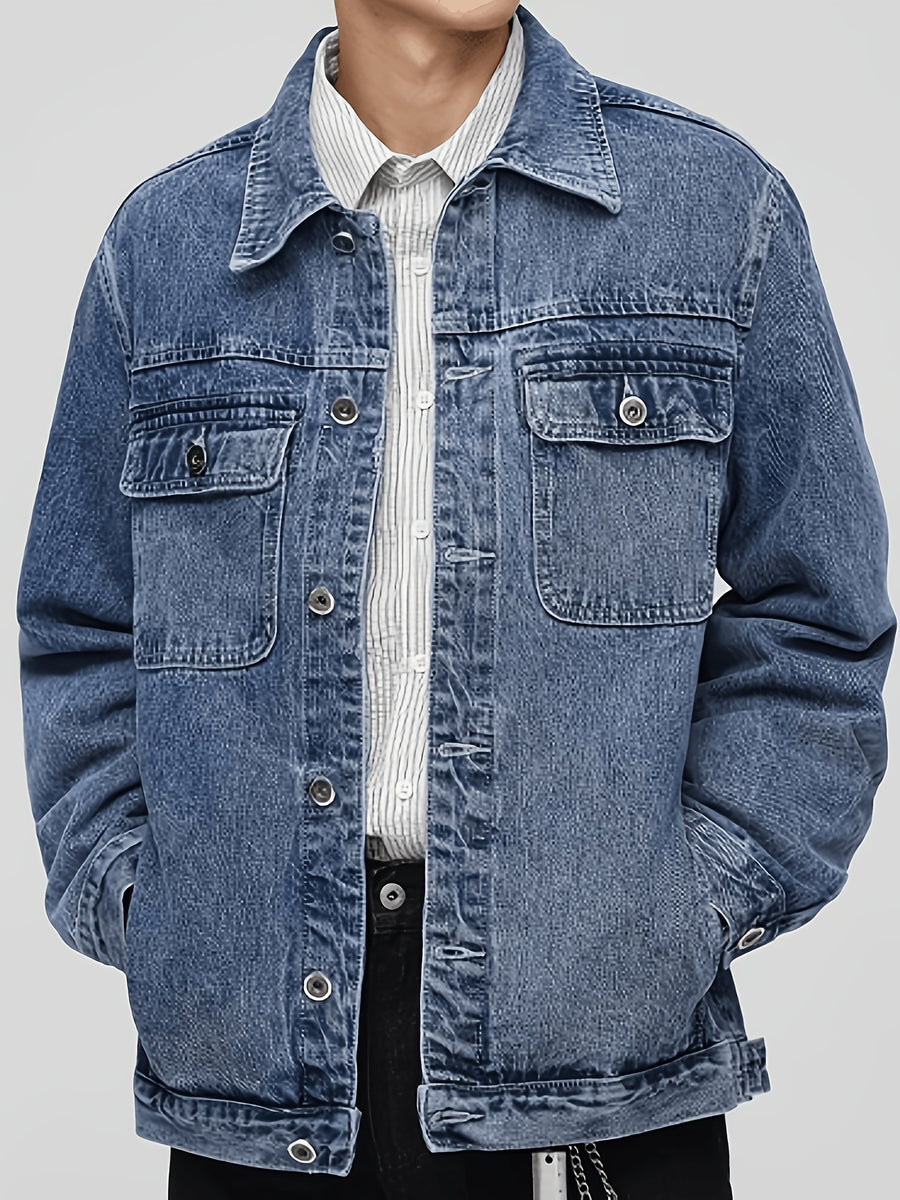 American-style Swagger Cowboy Single-Breasted Jacket, Ins High Street Trend, Casual and Versatile Washed Men's Denim Jacket, Plus Size - Blue
