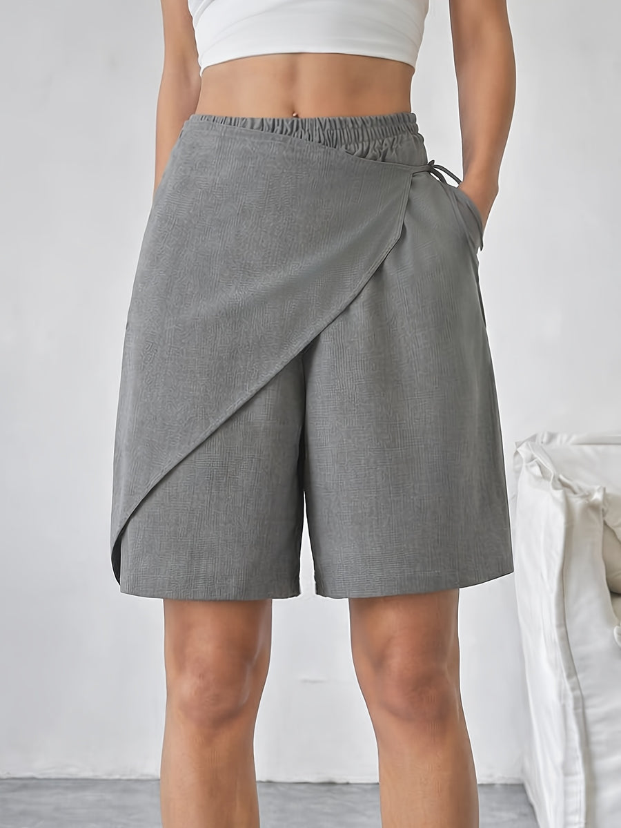 Women's Fashion Elastic Waist Wide-Leg Shorts - Designer Casual Pants - Grey