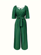 Women's Summer Casual V-Neck Tie-Waist Jumpsuit - Lightweight Breathable Wide-Leg Pantsuit, Machine Washable Solid Color Versatile Outfit for Beach, Brunch & Daytime Events, Smooth Texture Fabric, Beach Attire, Easy Care, Vacation Wear - Green