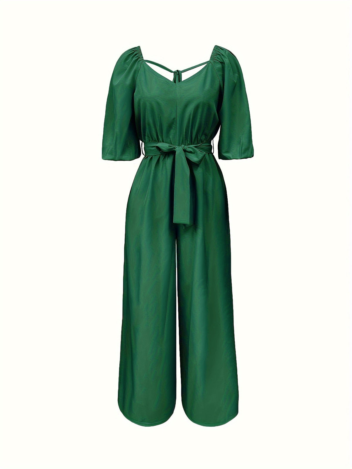 Women's Summer Casual V-Neck Tie-Waist Jumpsuit - Lightweight Breathable Wide-Leg Pantsuit, Machine Washable Solid Color Versatile Outfit for Beach, Brunch & Daytime Events, Smooth Texture Fabric, Beach Attire, Easy Care, Vacation Wear - Green