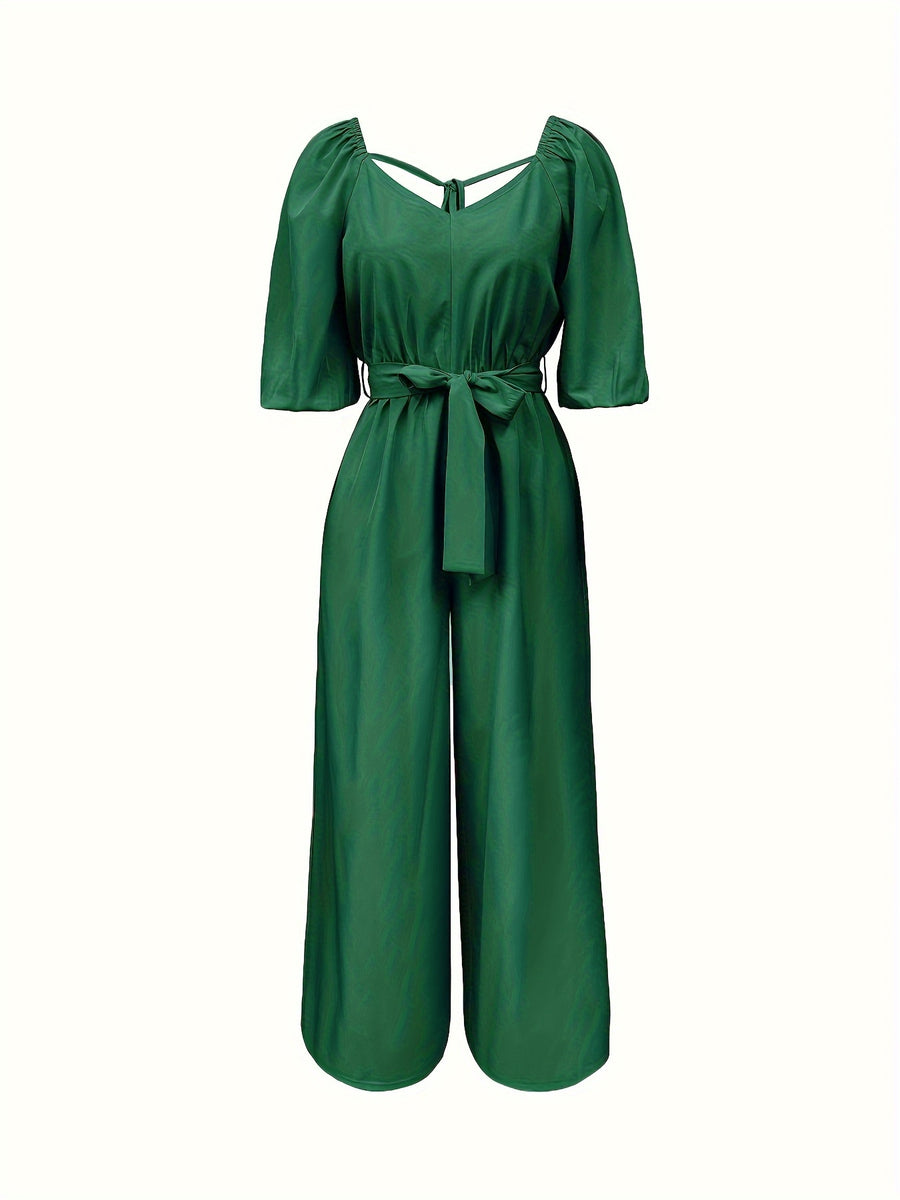 Women's Summer Casual V-Neck Tie-Waist Jumpsuit - Lightweight Breathable Wide-Leg Pantsuit, Machine Washable Solid Color Versatile Outfit for Beach, Brunch & Daytime Events, Smooth Texture Fabric, Beach Attire, Easy Care, Vacation Wear - Green