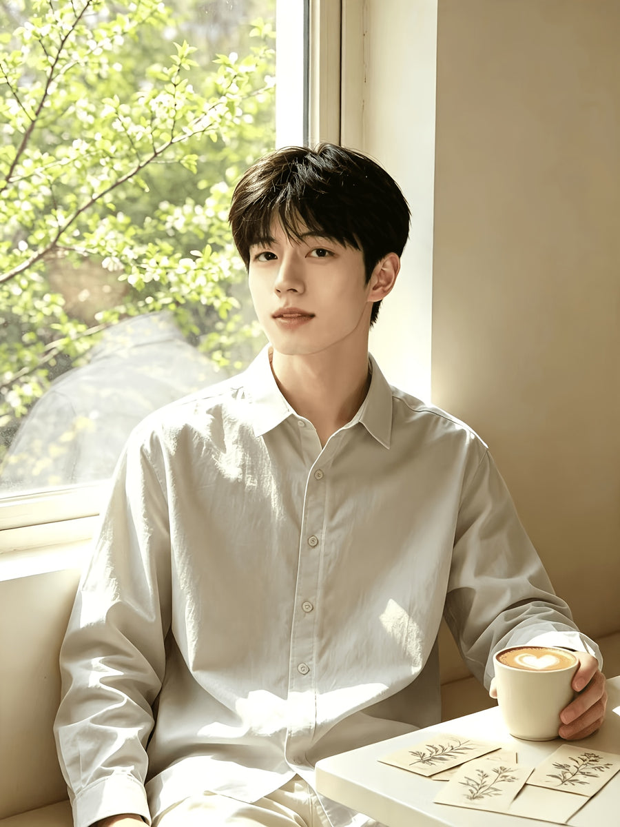 Men'S Autumn Classic Solid Color Long Sleeve Button-Up Shirt, Lapel Collar Casual Blouse, Loose Soft Breathable Daily Top - Light Grey
