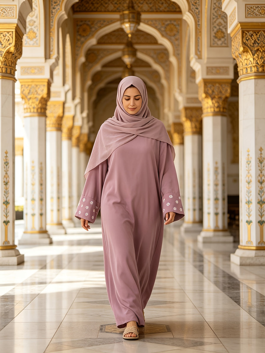 1pc (Scarf Not Included) This Fashionable, Elegant And Casual Abaya Dress with Embroidered Small Chrysanthemums at The Cuffs, No Scarf, Solid Color, Suitable for Daily Wear, Loose And Comfortable for Women. Islamic Clothing for Women Kleider Damen - Pale Pinkish Gray