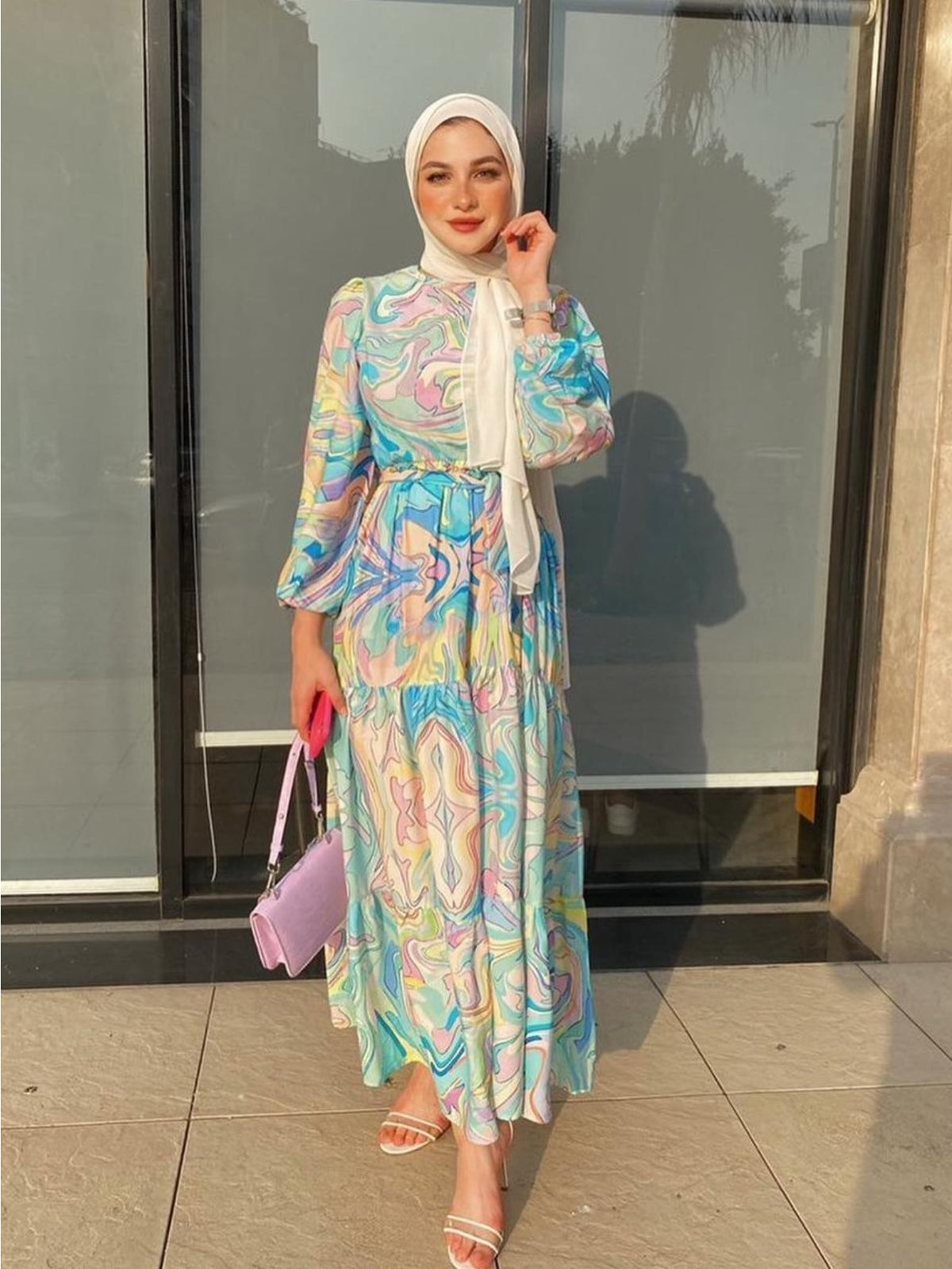 A Lightweight, Waist-Tied Long Dress Featuring a Colorful Tie-Dye Print in a Middle Eastern Casual Fashion Style, Suitable for Outdoor Leisure And Shopping Occasions, Perfect for Summer Wear - Polychrome
