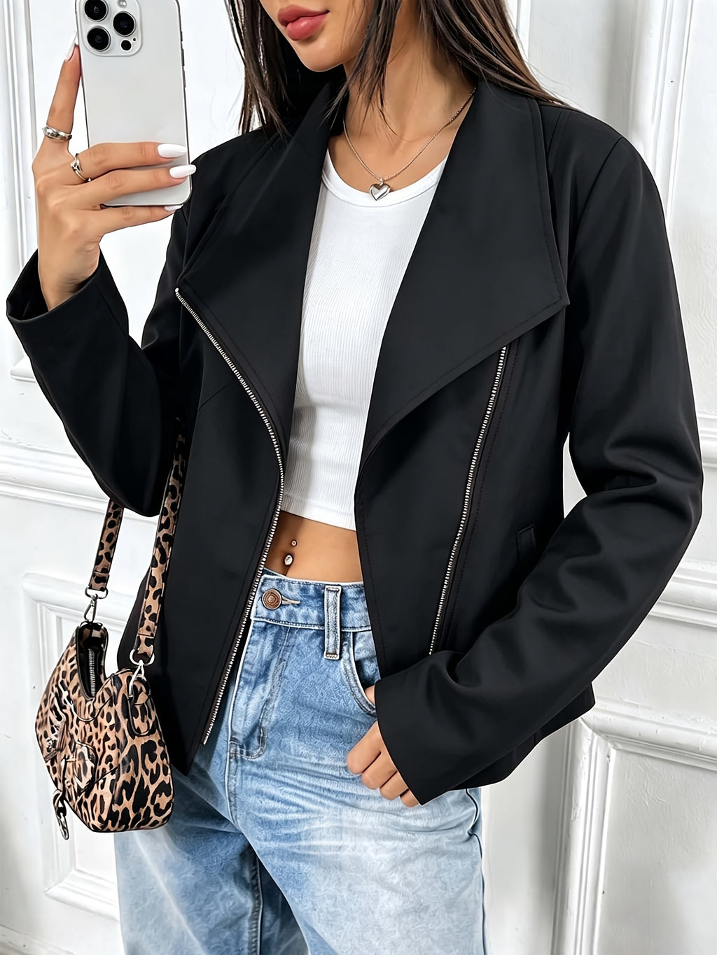 Autumn Winter New European Style Premium Asymmetrical Lapel Diagonal Zipper Short Jacket Solid Color Long Sleeve Top - Black