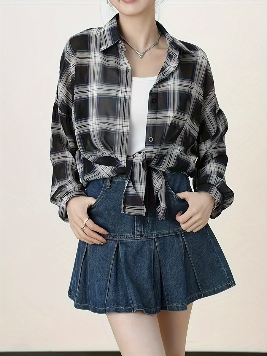 Chiffon Plaid Print Sheer Blouse Top Sunscreen Shirt - Navy Color