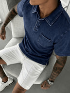 Casual Date Outdoor Men'S Polo Shirt, Breathable Sweat-Wicking Stylish Business Style, Minimal Street Style, Vintage Distressed Navy, Lapel with 3 Buttons, Functional Patch Pocket on Chest, Side Slit Hem, Loose Fit Men'S Short Sleeve Top - Navy Color