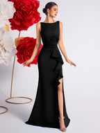 2025 Solid Color High Waist Pleated Ruffle Trim Slit Backless Prom Party Evening Gown Dress - Black