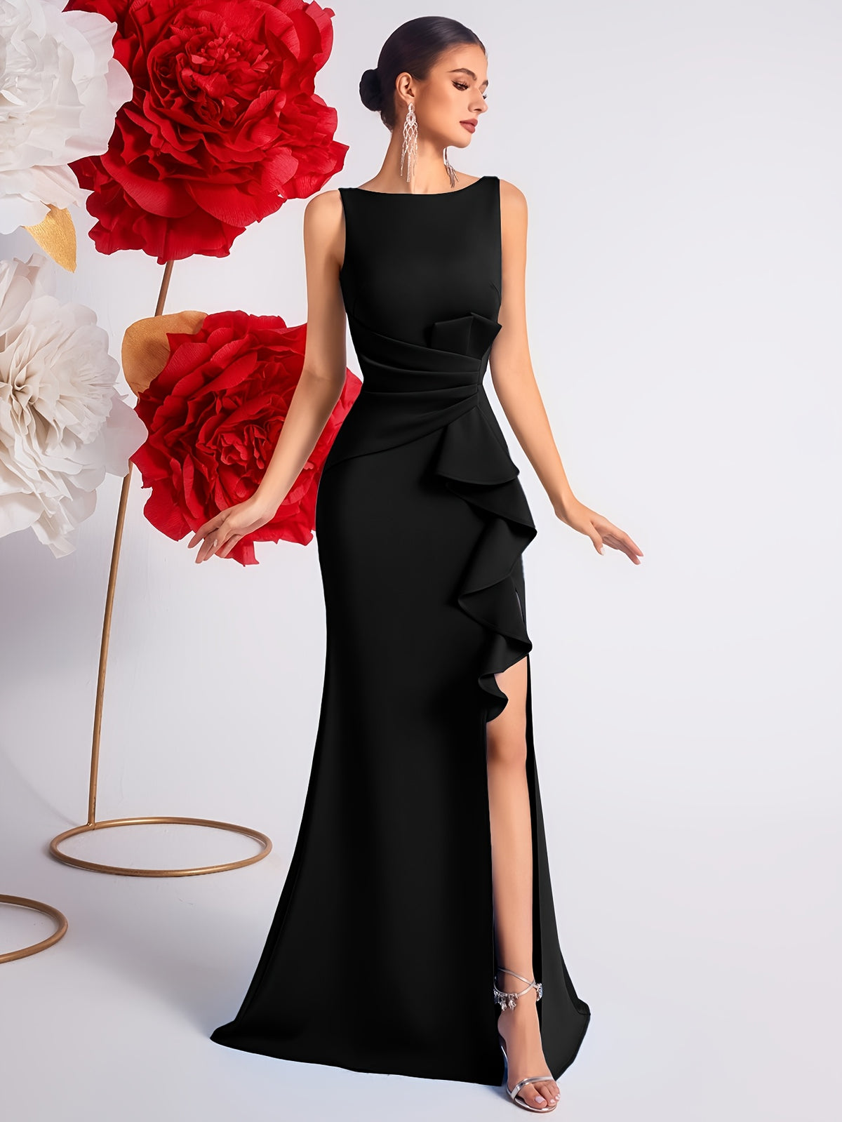 2025 Solid Color High Waist Pleated Ruffle Trim Slit Backless Prom Party Evening Gown Dress - Black