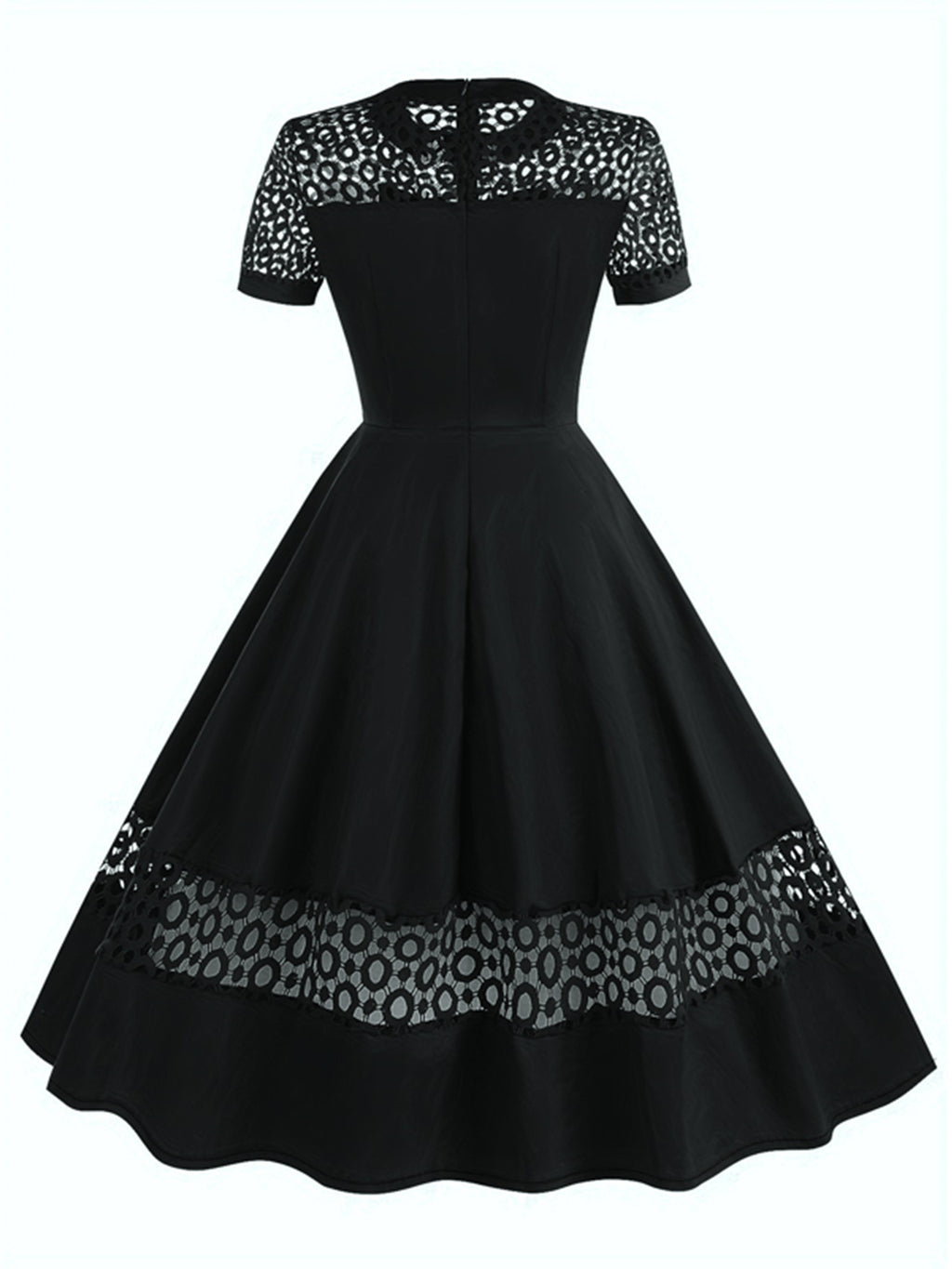 Vintage 50s Women's Dress with Round Neck, Lace Trim, and Short Sleeves - Black