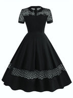 Vintage 50s Women's Dress with Round Neck, Lace Trim, and Short Sleeves - Black