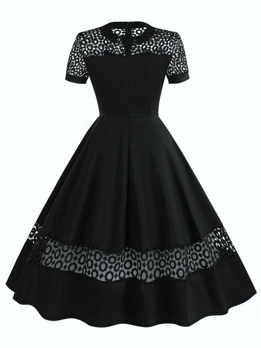 Vintage 50s Women's Dress with Round Neck, Lace Trim, and Short Sleeves - Black