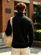 [Josh Mei OBM] Preppy Casual Style Men'S Jacquard Texture Henley Collar Long Sleeve Pullover, Diamond Check Patchwork Design with Ribbed Cuffs And Hem, Stretchy Skin-Friendly Slim Fit Fall Winter Versatile Style - Black