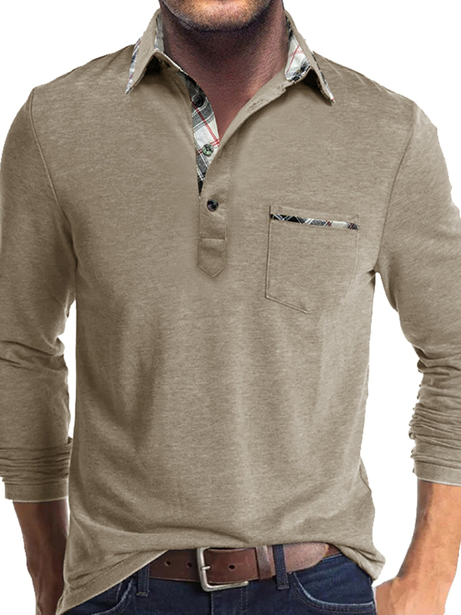 Spring and Autumn Fashion Men's Lapel Pocket Polo Shirt, Solid Color Casual Commuter Pocket Top - Khaki