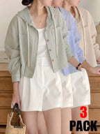3pcs Set Women'S Spring Autumn Temperament Versatile Single-Button Striped Contrast Short Sleeve Loose Vacation Long Sleeve Sweatshirt Thin Loose Hooded Shirt - Army Green + Bright Steel Blue + Khaki