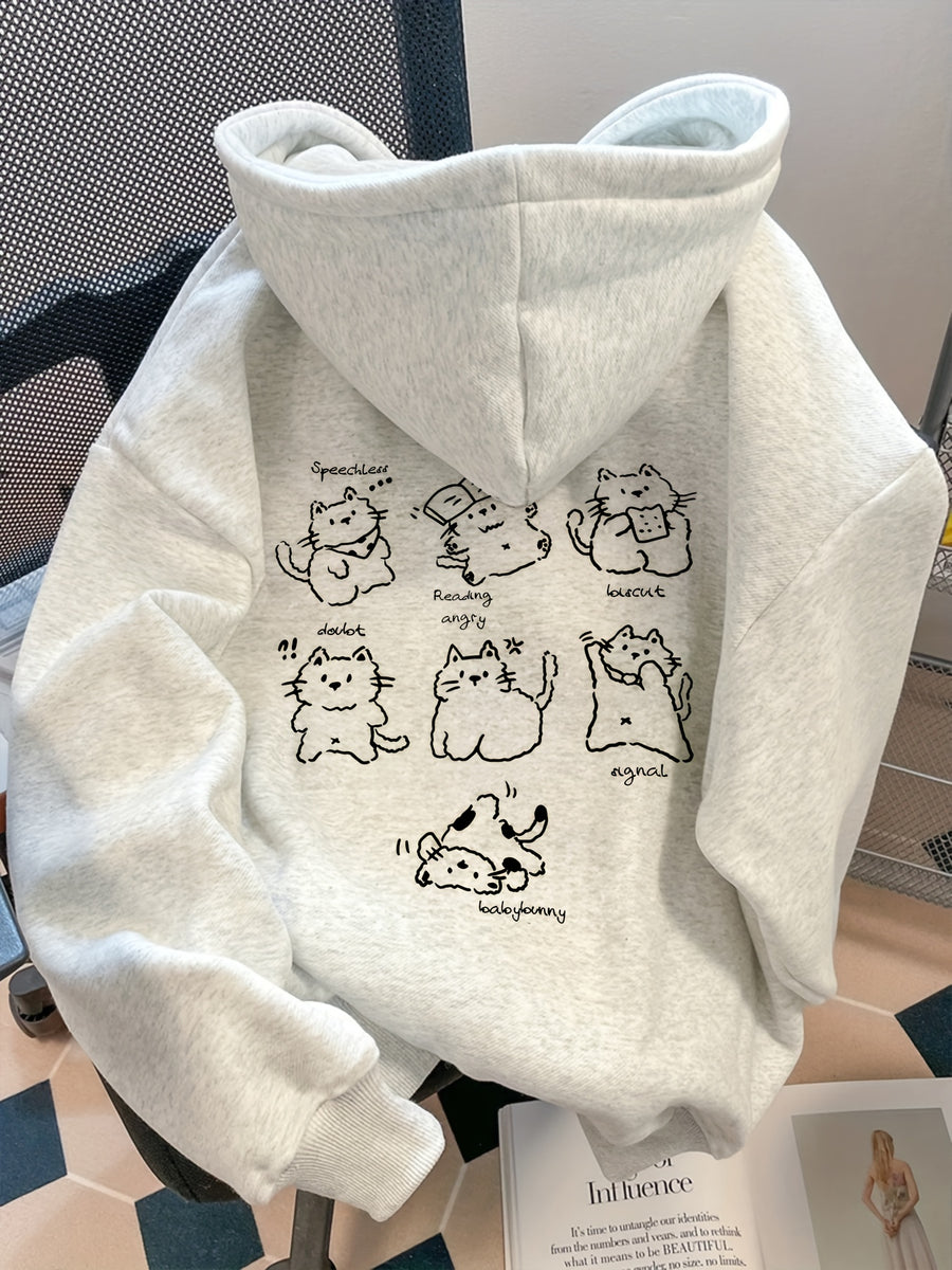 American Street Style Fun Quirky Cat Print Long Sleeve Hooded Fleece Sweatshirt Women Men Autumn Winter High Street Trendy Brand Loose Couple Hoodie Top - Granny Gray