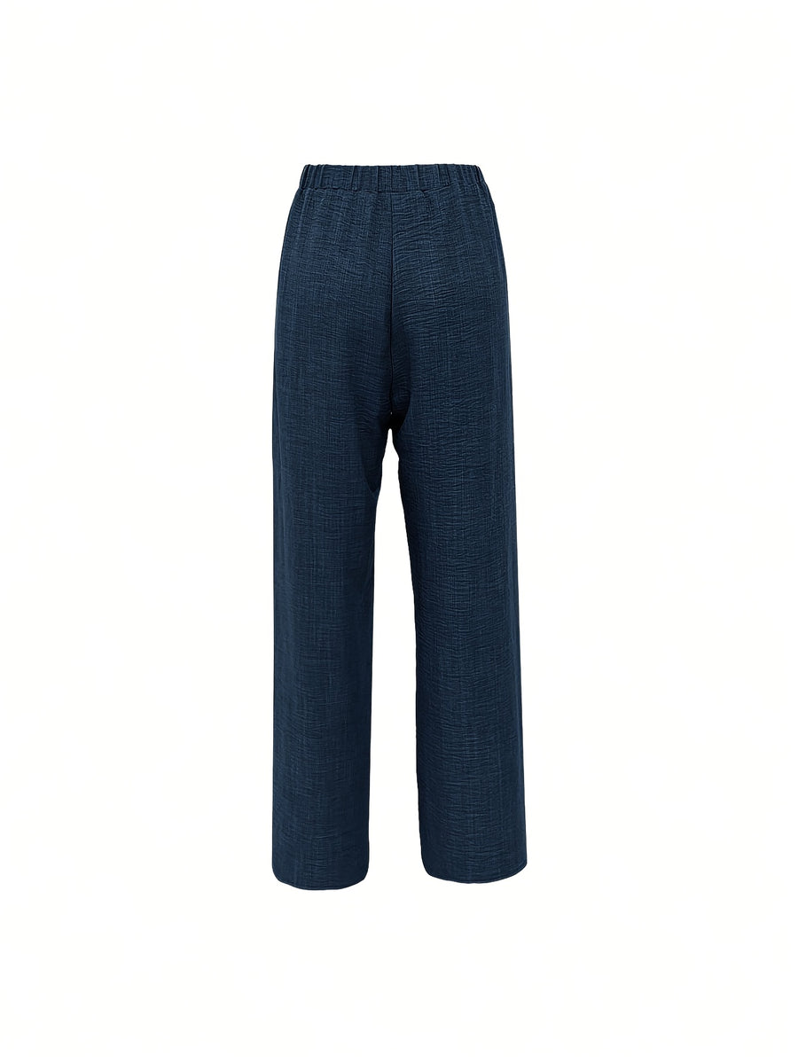 Women'S Solid Color Long Pants, Side Seam Lace Trim, Casual Wear, Loose Trousers - Navy Color