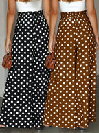 Fashionable Elegant Polka Dot Print Wide-Leg Pants, Commute Vacation Versatile Casual Trousers 2pcs Set - Black+Brown