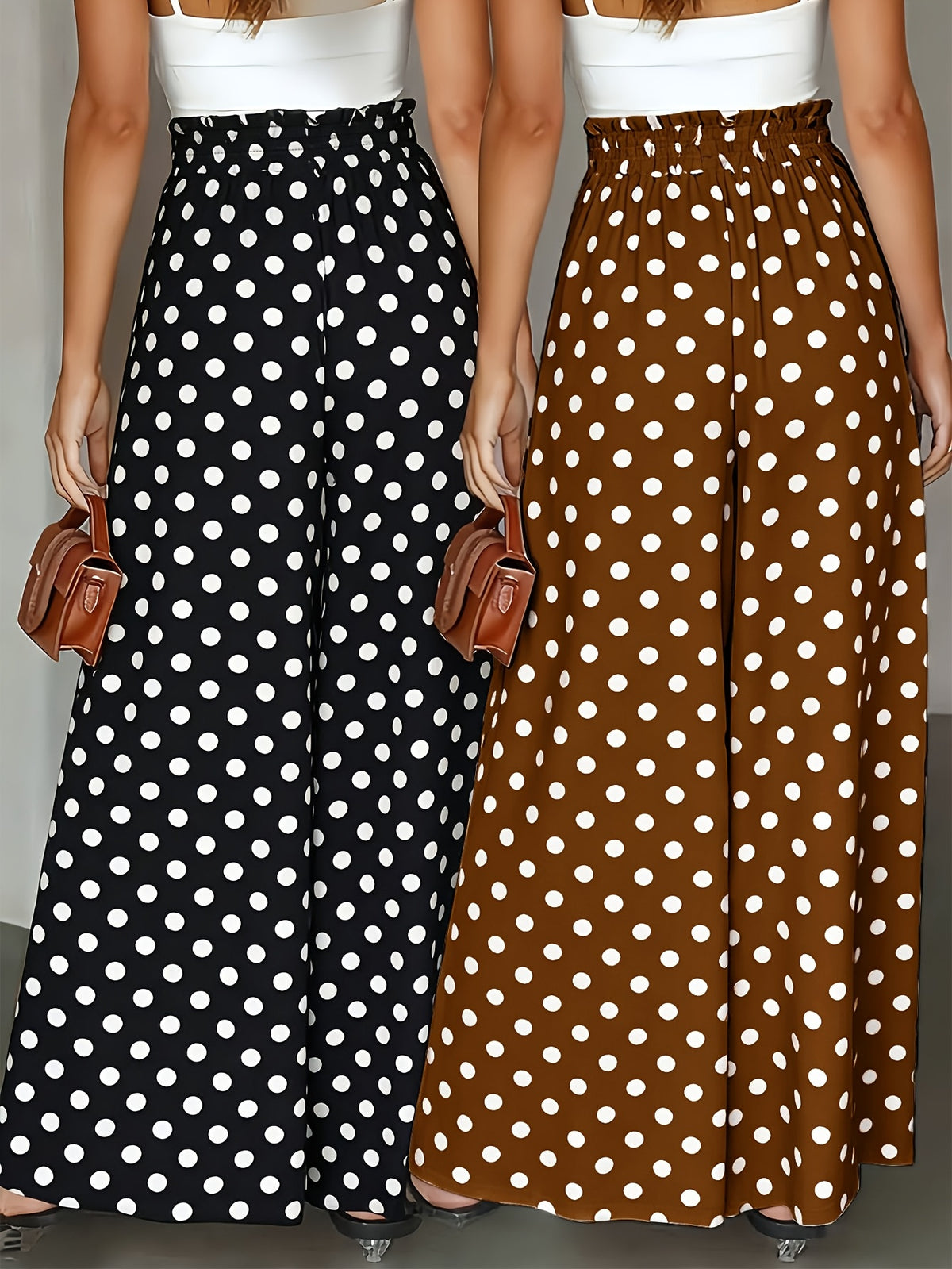 Fashionable Elegant Polka Dot Print Wide-Leg Pants, Commute Vacation Versatile Casual Trousers 2pcs Set - Black+Brown