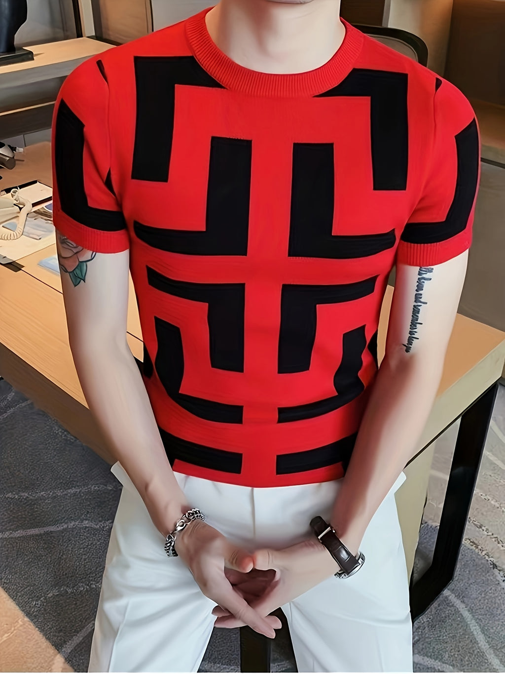 Cross-border New Men's Outdoor Short-sleeve Round-neck Knit Pullover Sweater - Red