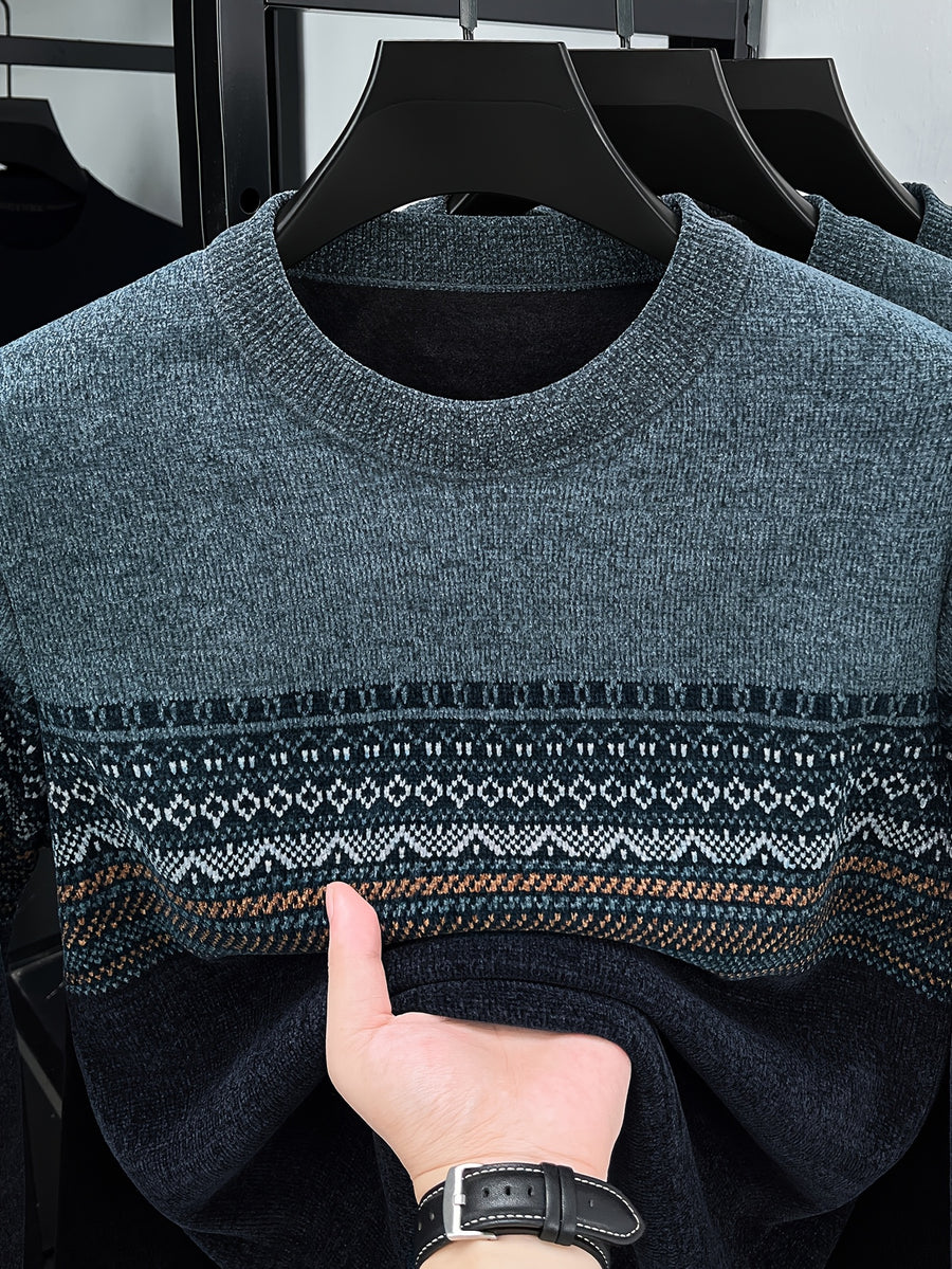 Men's Crew Neck Jacquard Knit Sweater, Autumn/Winter Mid-Life Warm Base Layer Top - Navy Color