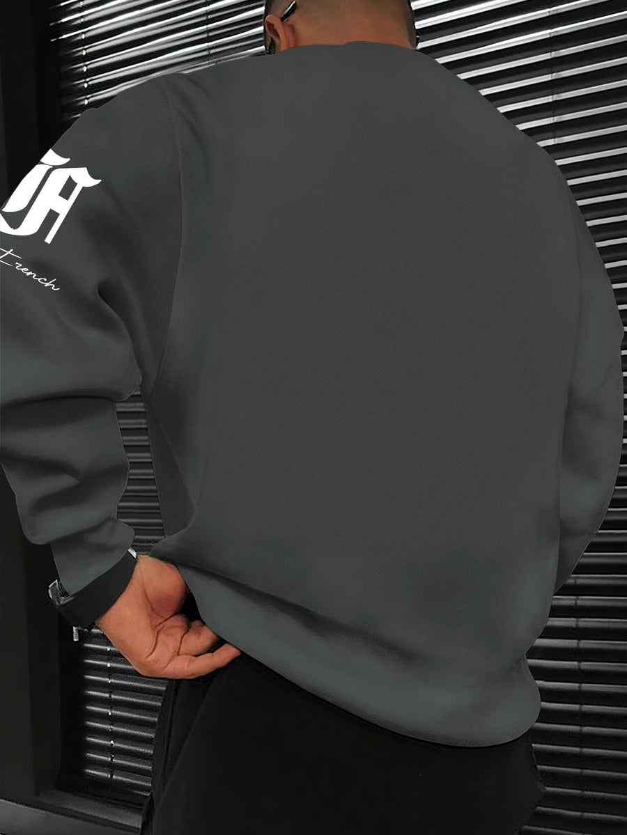 Men's Casual Streetwear Sweatshirt with Black and Red Striped Letter Print - Grey