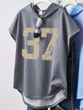 1pc Fashion Top, Polyester Fiber Material, Stylish Women's Waist-Cinching Batwing Short Sleeve Hooded Sweatshirt with Distressed Style Khaki "93.98cm Digital Print, Loose Fit Casual Short Sleeve, Fabric, Spring/Summer, Multiple Colors Available - Dark Gray