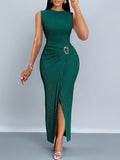 New Elegant Mix-and-Match Slit Sleeveless Dress - Green