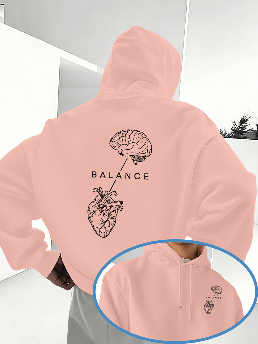 Minimalist Trendy Unisex Hoodie with Brain And Heart Balance Print - Pink Color