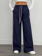 Reading Week Clothing, Back to Season, 1pc 2025 Autumn Winter New Casual Sports Fashion Comfortable Beautiful Color-Blocked Waist Drawstring Women'S Long Pants, Suitable for Holiday Gifts Women'S Apparel - Blue