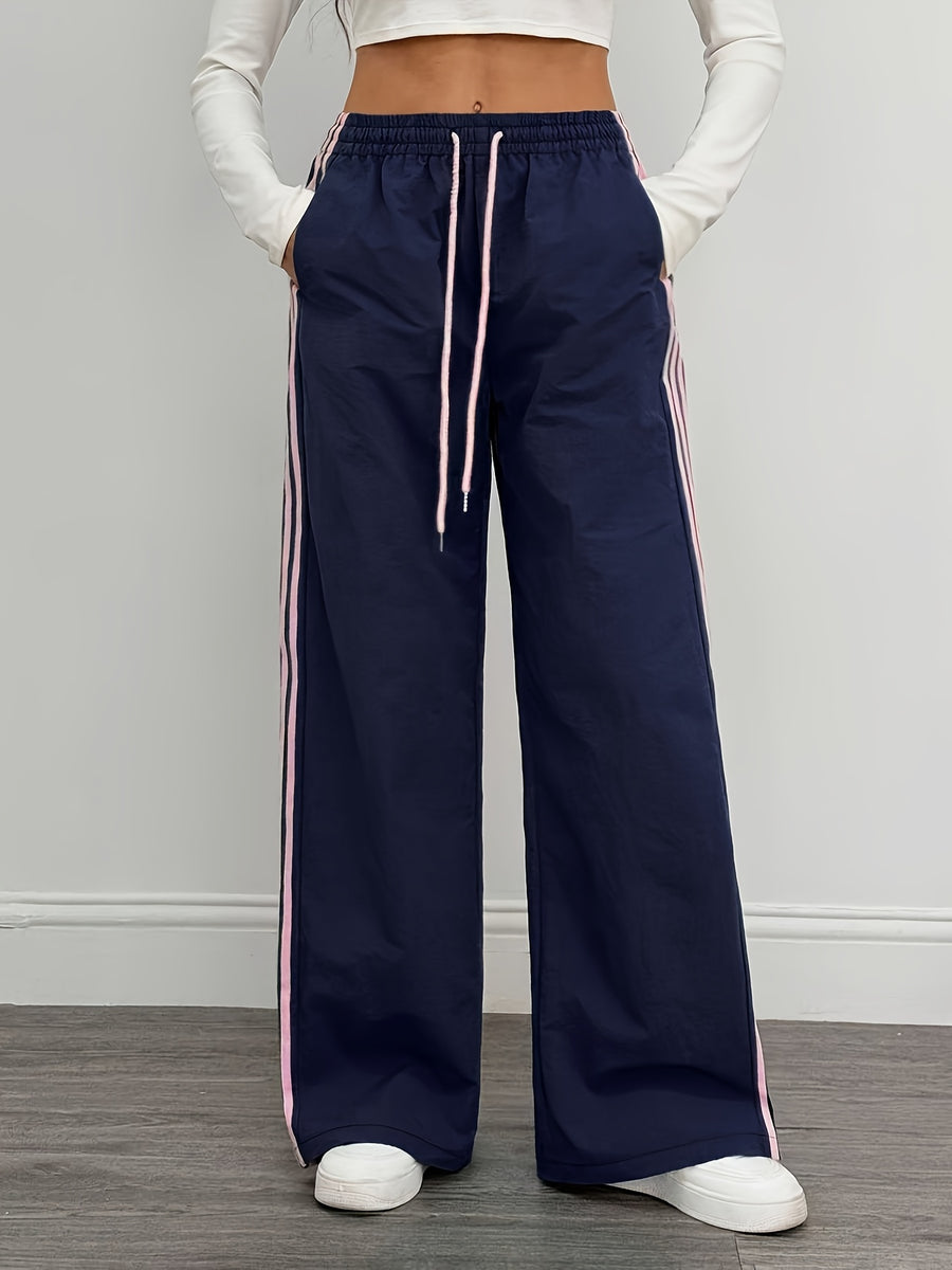 Reading Week Clothing, Back to Season, 1pc 2025 Autumn Winter New Casual Sports Fashion Comfortable Beautiful Color-Blocked Waist Drawstring Women'S Long Pants, Suitable for Holiday Gifts Women'S Apparel - Blue