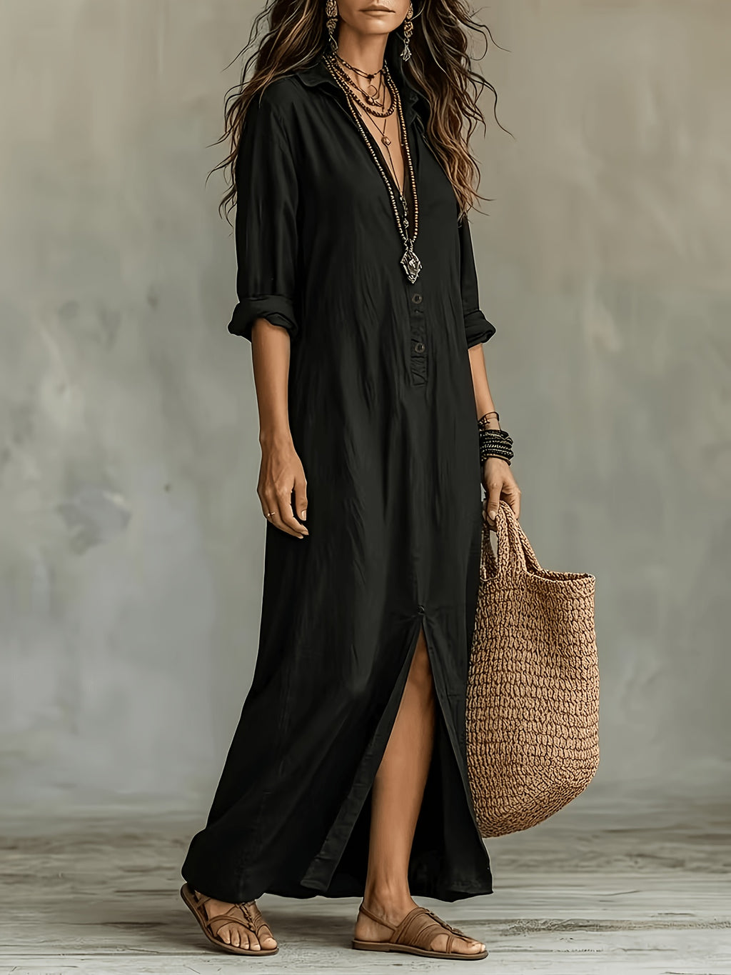 Women'S Spring Summer Autumn Bohemian Solid Color Semi-Open Neck Lapel Long Shirt, Casual Button-Up Relaxed Style Long Sleeve Shirt Dress, Breathable Beach Vacation, Travel, Daily Wear Long Shirt Dress - Black