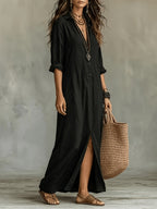 Women'S Spring Summer Autumn Bohemian Solid Color Semi-Open Neck Lapel Long Shirt, Casual Button-Up Relaxed Style Long Sleeve Shirt Dress, Breathable Beach Vacation, Travel, Daily Wear Long Shirt Dress - Black