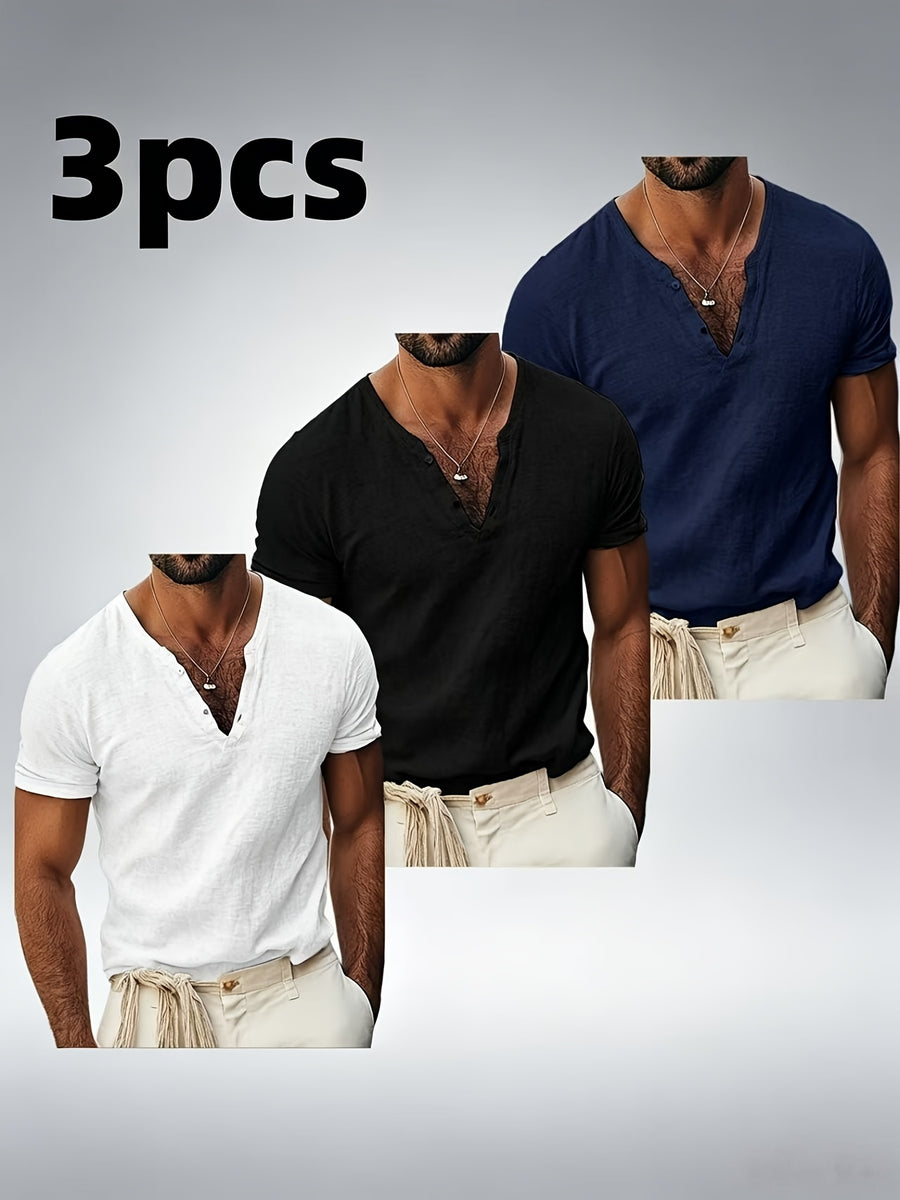 Men's V-Neck Short Sleeve T-Shirt 3pcs Set, Casual Slim Fit Solid Color Top, Summer Basic Men's Apparel, Ideal as a Beachwear Gift for Pool Parties and Beach Vacations - White+black+navy Blue