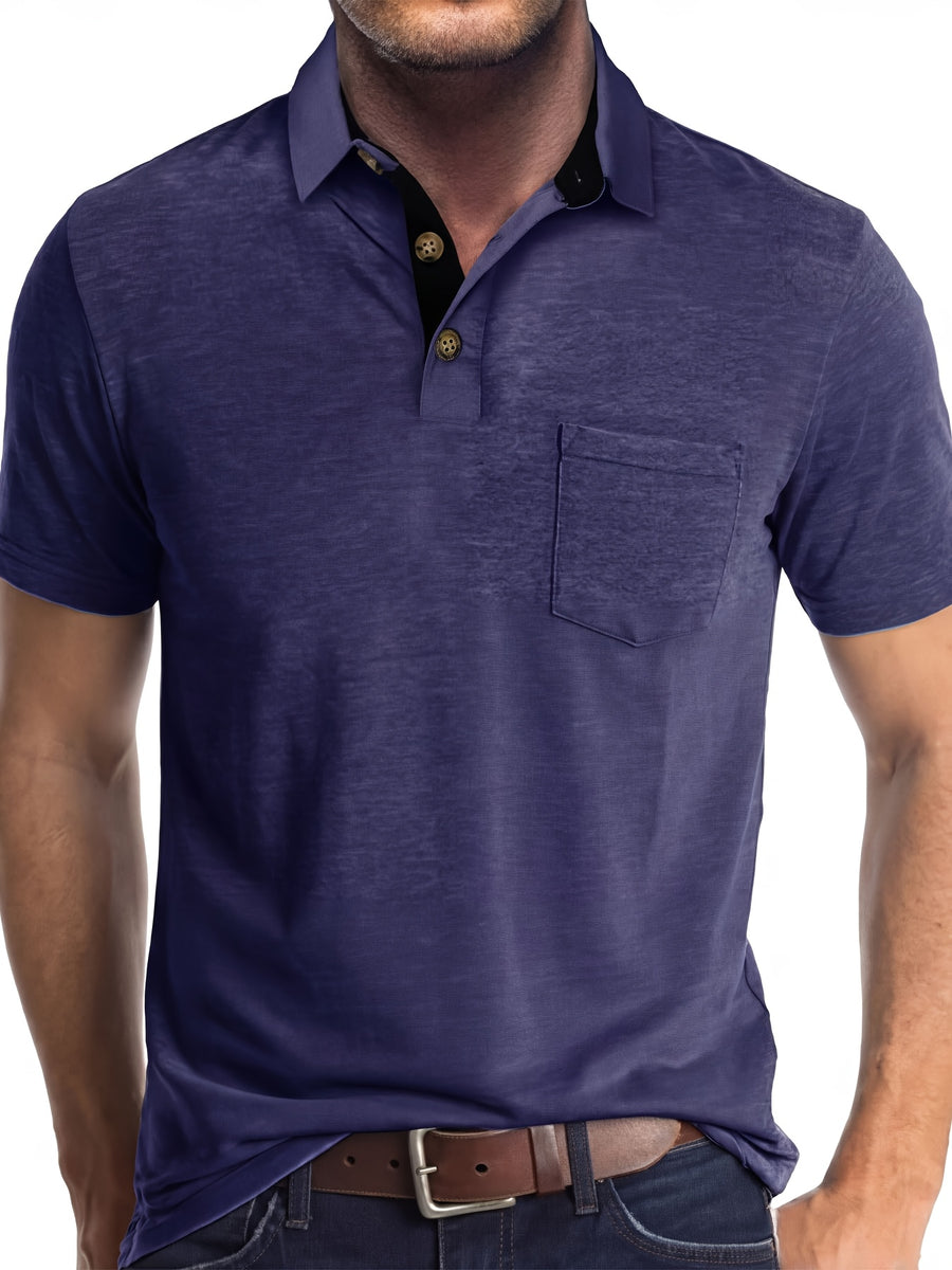 KJ-P035 Men's Daily Outdoor Casual Short-Sleeve Polo Shirt, Solid Color Henley Neck Top, Versatile T-Shirt for Fitness, Commuting, and Multiple Scenarios - Navy Color
