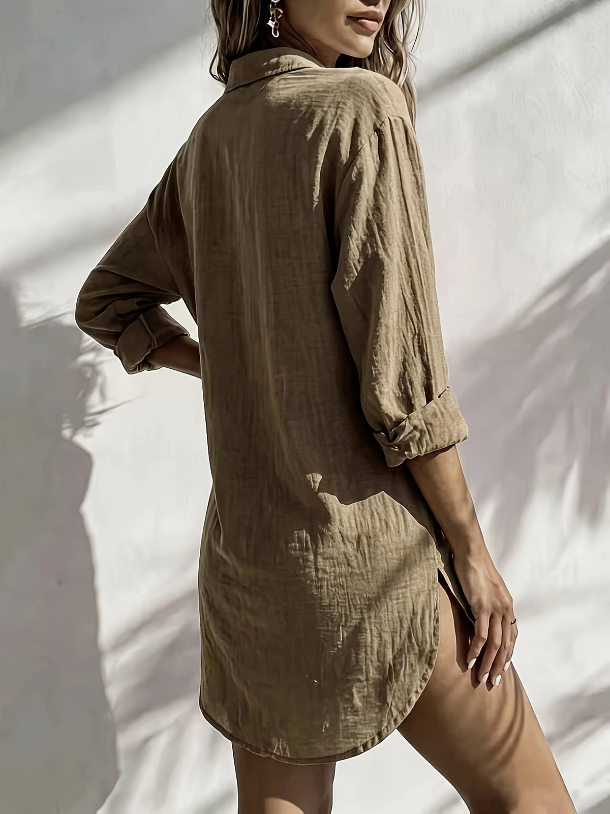 Women'S Solid Color Long Sleeve Mid-Length Shirt, Casual Everyday Wear, Temperament Easy Commute Style, Straight Loose Fit, Comfortable And Breathable Fabric, Seaside Vacation, Home Comfort Wear, Spring Summer Fall Winter All-Season Women'S Shirt - Coffee Color