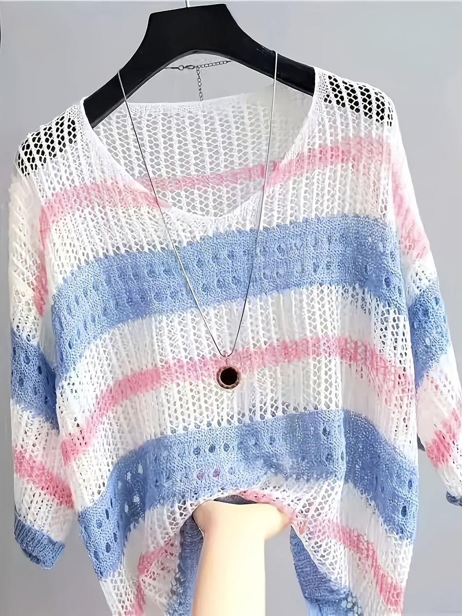Summer Elegant Loose Hollow-Out Beach Half-Sleeve Cover-Up - White