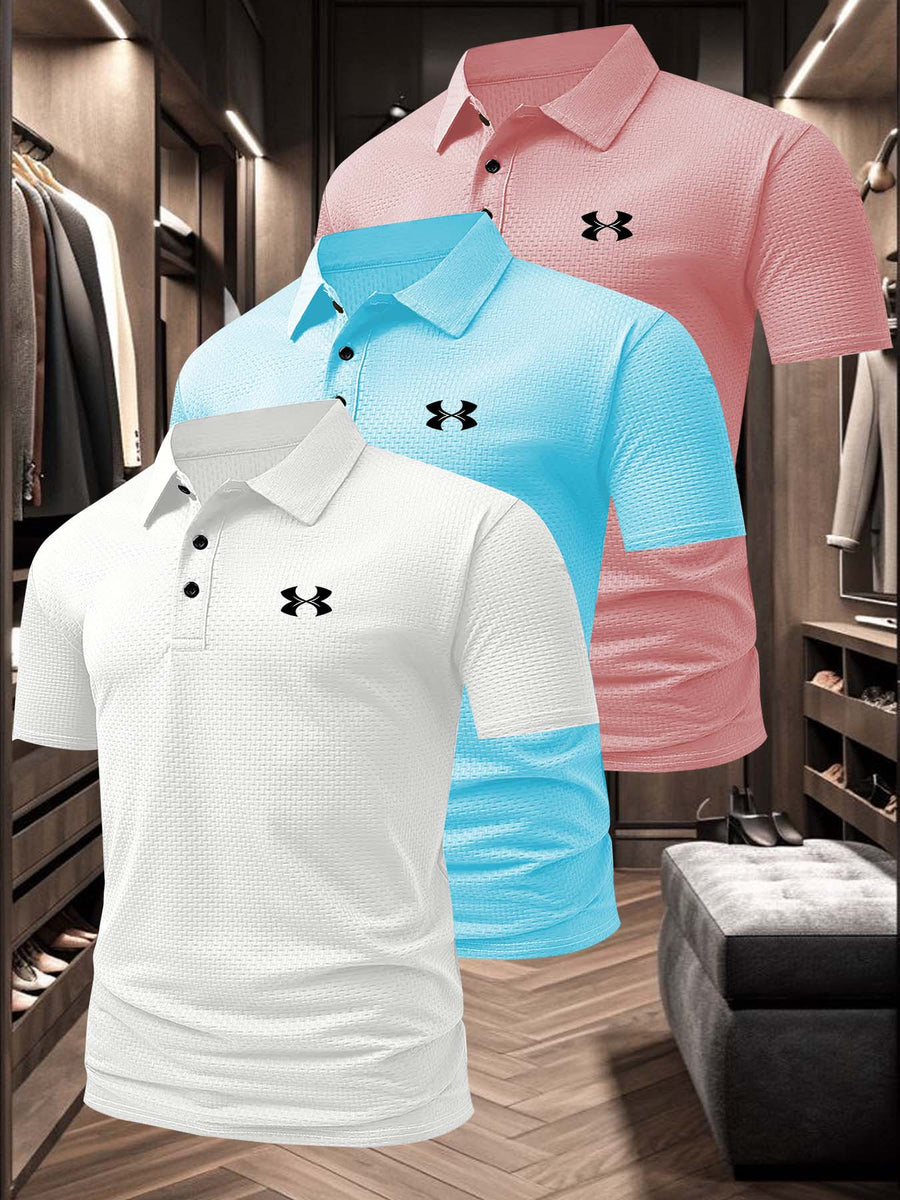 GS1080 Men's "C" Letter Print Breathable Summer Refreshing Quick-Dry Lapel Multi-pc 3pcs Polo Shirt, Men's Short-Sleeve T-Shirt, Men's Apparel Top for Golf, Fishing, Basketball, Camping, Beach - White-Blue-Pink