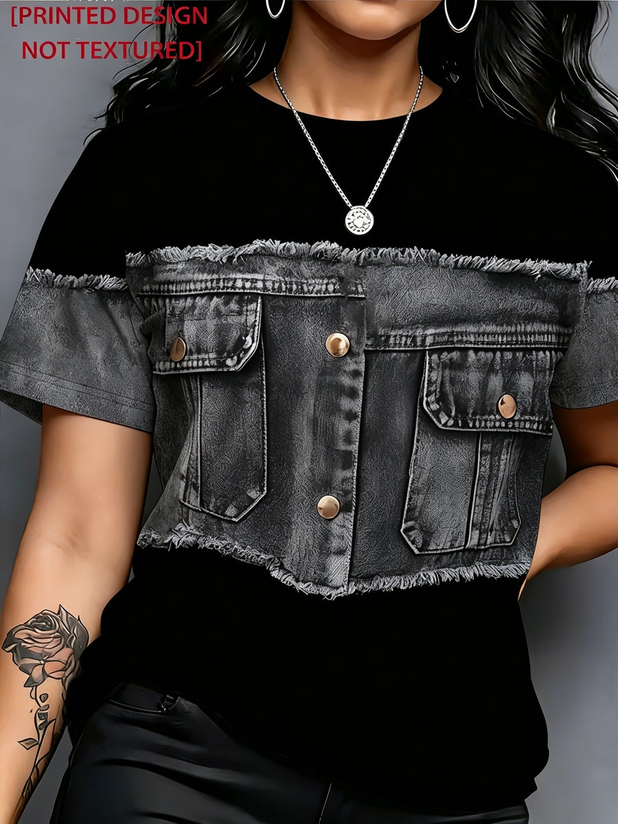 Printed Design - Plain Imitation Denim Frayed Edge Vest Print Black Short Sleeve T-Shirt for Women, Patchwork Button Pocket Creative Pattern Crew Neck Top, Loose Fit Trendy Versatile Daily Casual Pullover Base Layer - Grey