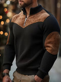 Men's Half-Zip Stand Collar Sweater Jacket - Brown/Black Contrast, Front Zipper Pocket and Vintage Casual Long Sleeve Pullover, Machine Washable Winter Warm Coat, Suitable for Office to Party Wear - Black