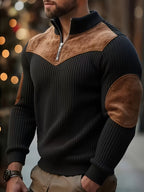Men's Half-Zip Stand Collar Sweater Jacket - Brown/Black Contrast, Front Zipper Pocket and Vintage Casual Long Sleeve Pullover, Machine Washable Winter Warm Coat, Suitable for Office to Party Wear - Black