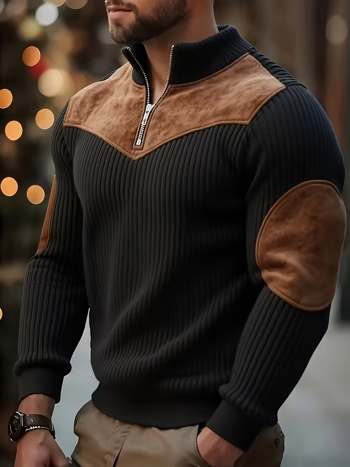 Men's Half-Zip Stand Collar Sweater Jacket - Brown/Black Contrast, Front Zipper Pocket and Vintage Casual Long Sleeve Pullover, Machine Washable Winter Warm Coat, Suitable for Office to Party Wear - Black